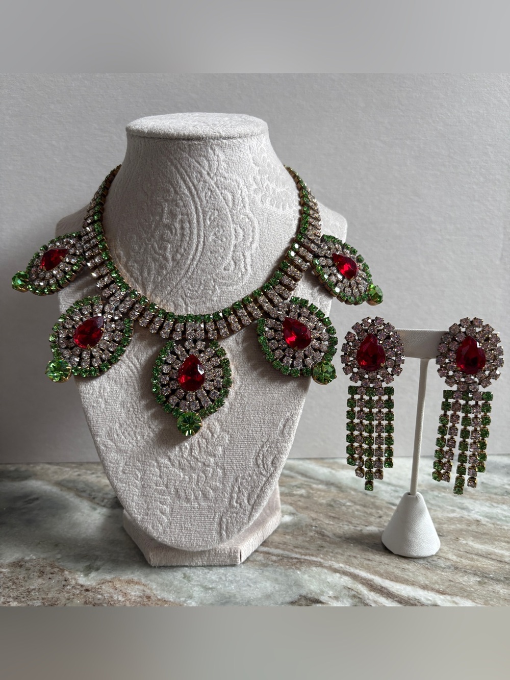 Vintage Czech Green and Red Crystal Statement Necklace & Earrings Set